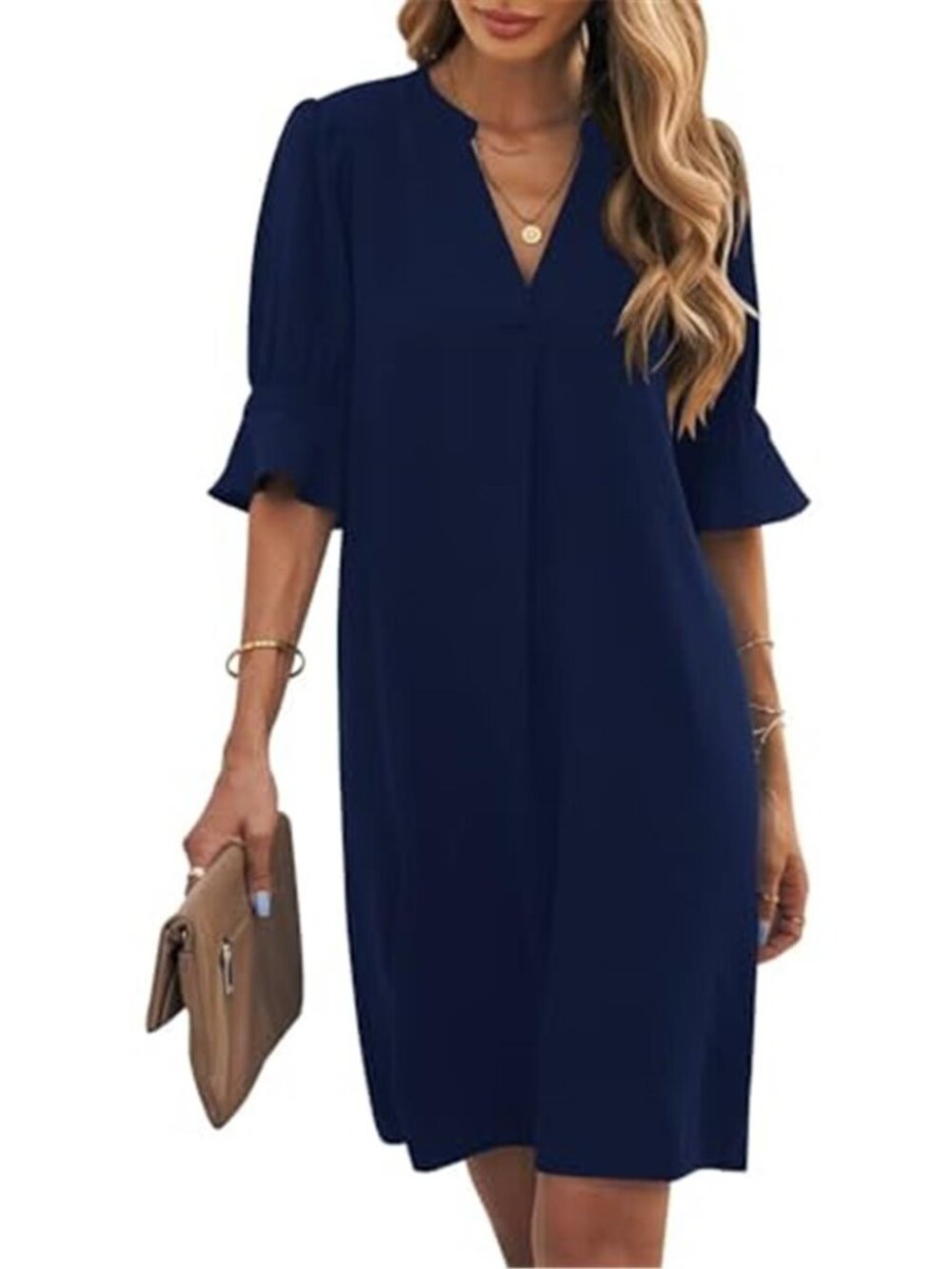 Blue V Neck Bell Sleeve Shift Dress Flowy Ruffle Casual Summer Mini Dress
